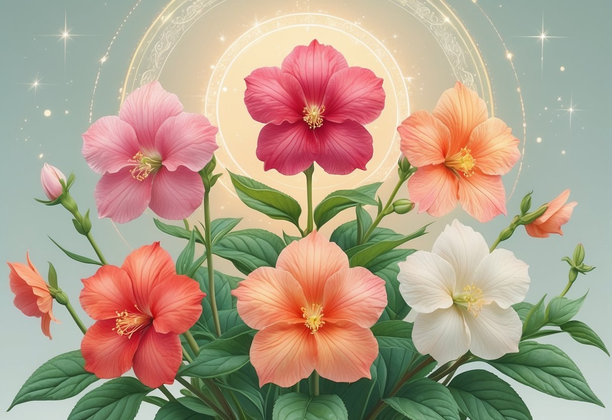 Six colorful Impatiens flowers with green leaves arranged together, surrounded by soft glowing light and subtle spiritual patterns in the background.