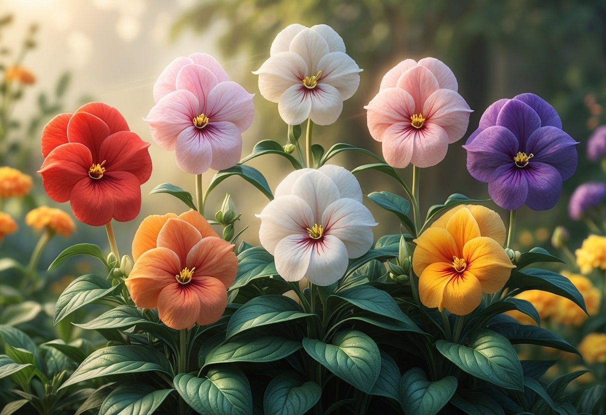 Six colorful impatiens flowers in red, pink, white, purple, orange, and yellow surrounded by green leaves in a garden setting.