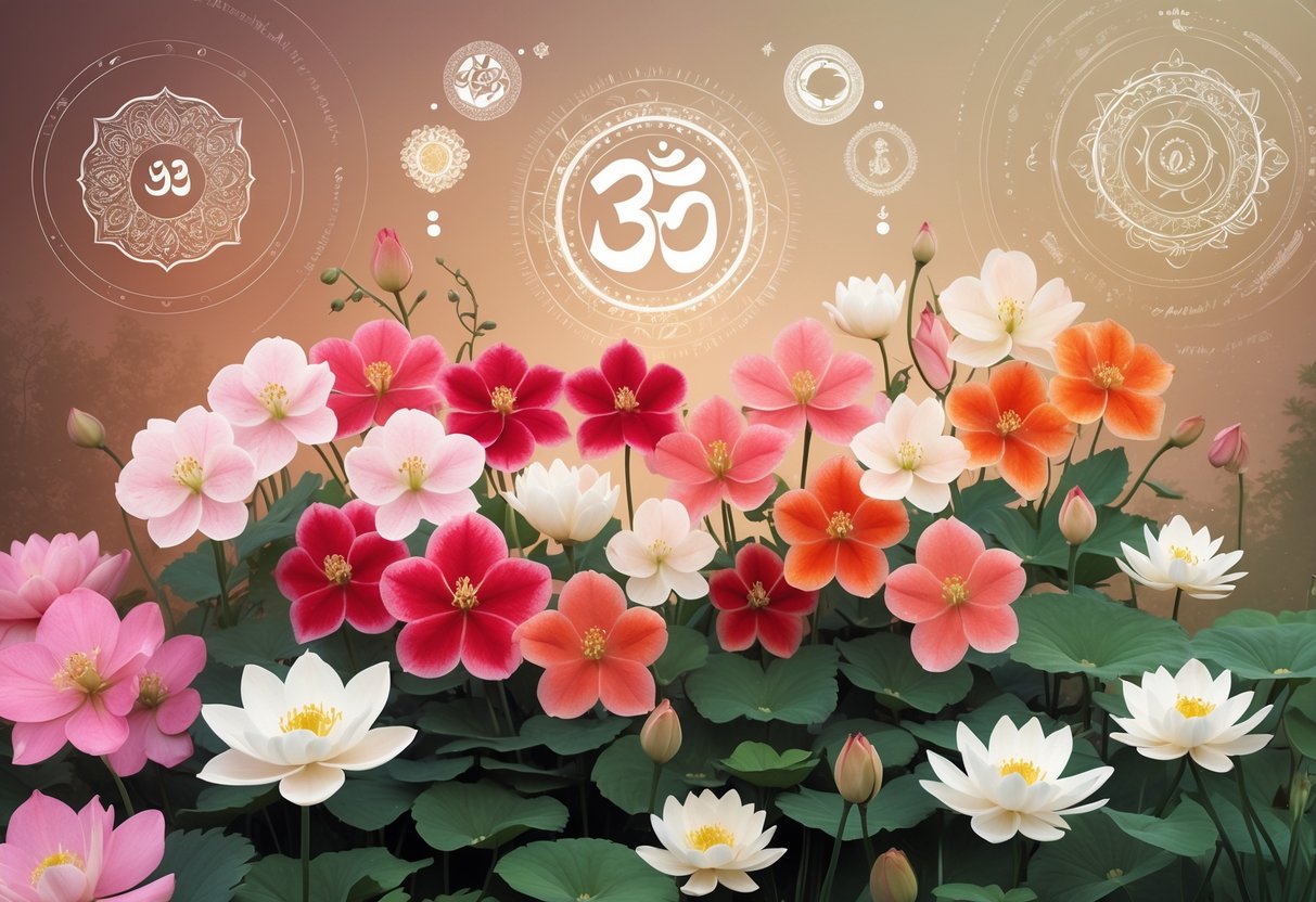 A detailed illustration of colorful impatiens flowers surrounded by spiritual and cultural symbols from around the world, creating a peaceful and harmonious scene.