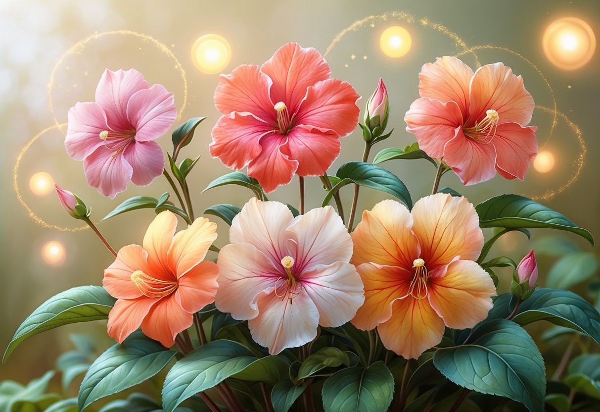 Six colorful Impatiens flowers with green leaves arranged naturally, surrounded by soft glowing light, set against a blurred warm background.