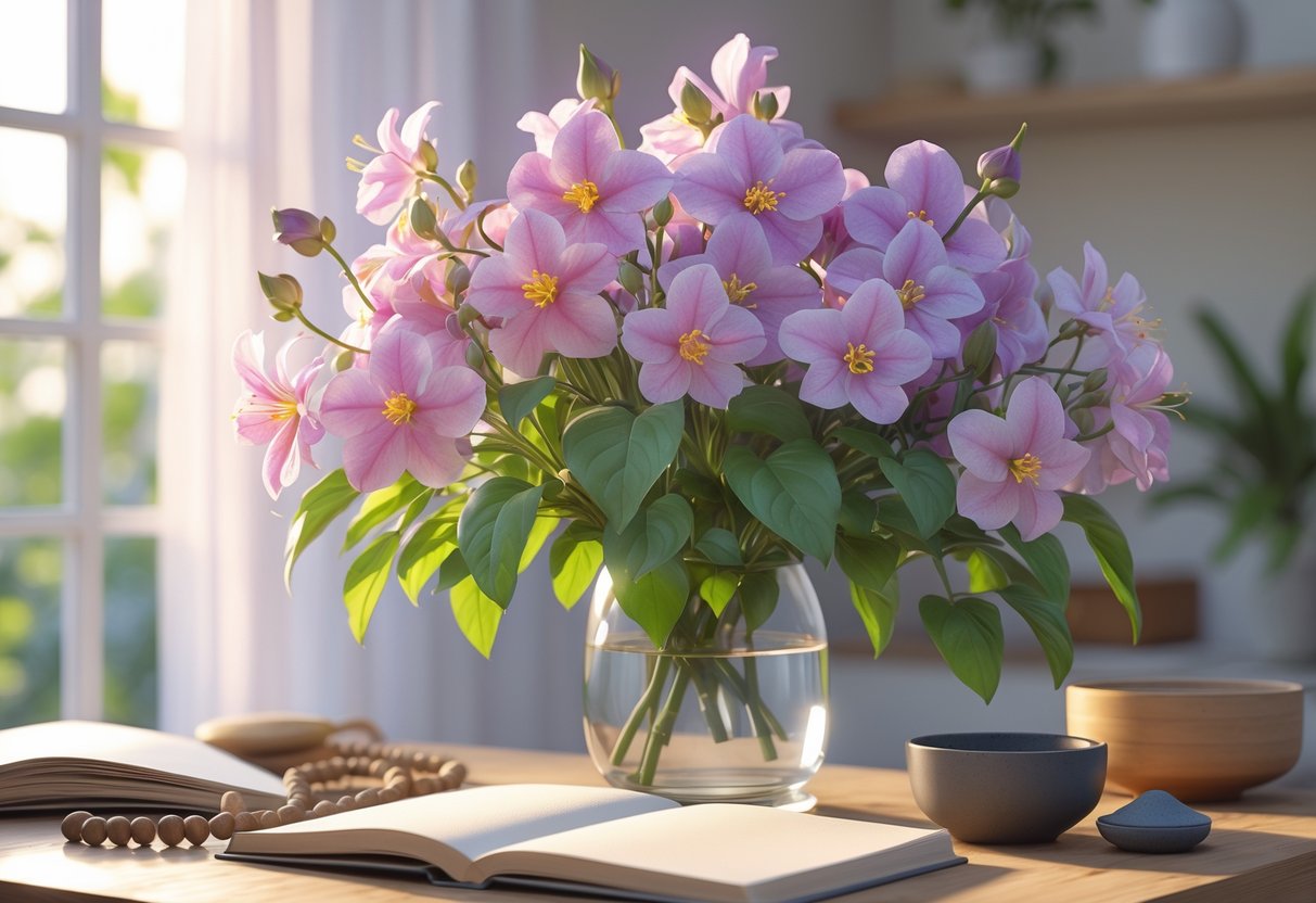 A cluster of colorful impatiens flowers arranged on a wooden table near a window, surrounded by a cup of tea and an open journal, creating a calm and peaceful scene.