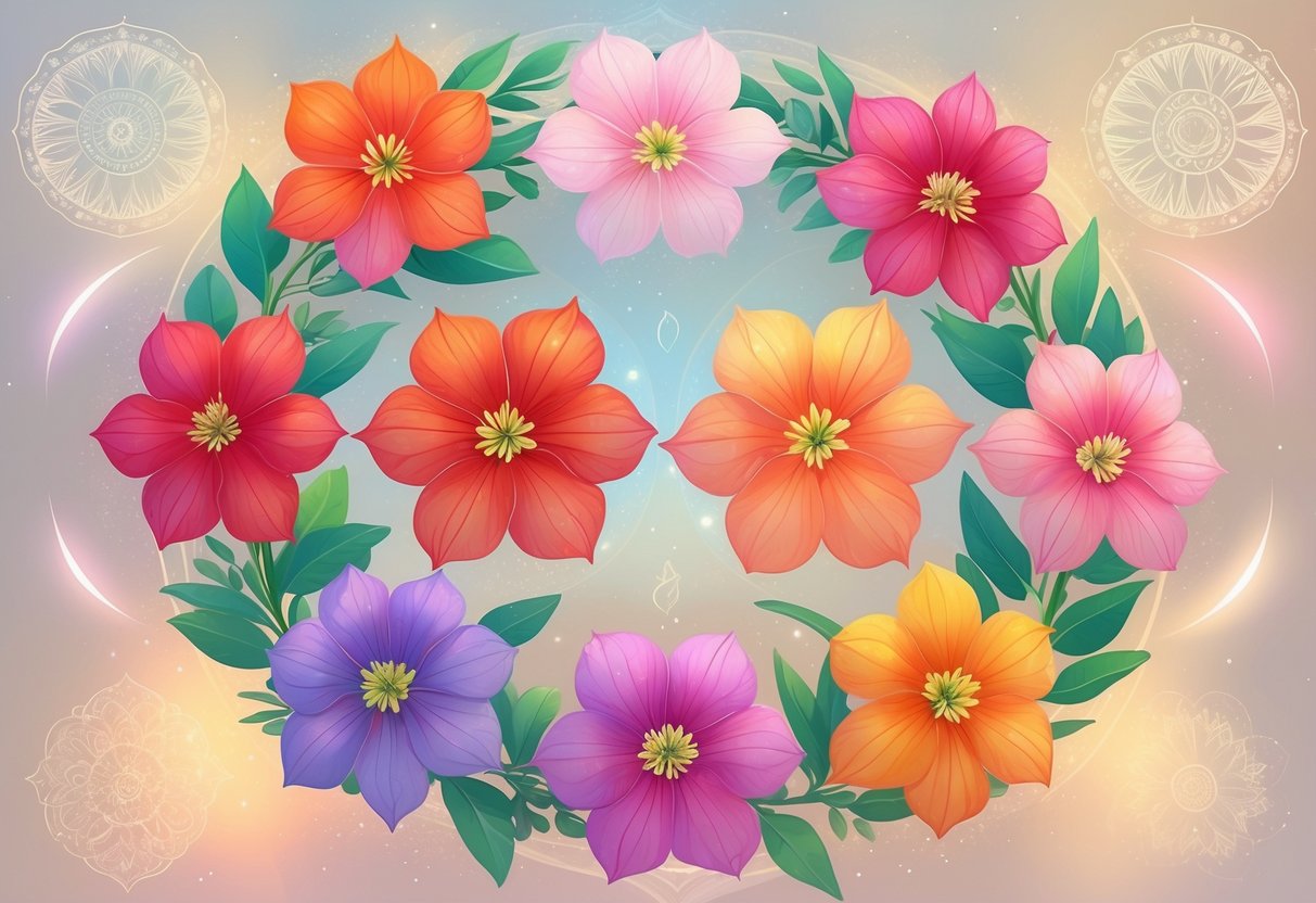 Nine colorful Ixora flowers arranged in a circle with glowing light and subtle spiritual symbols around them.