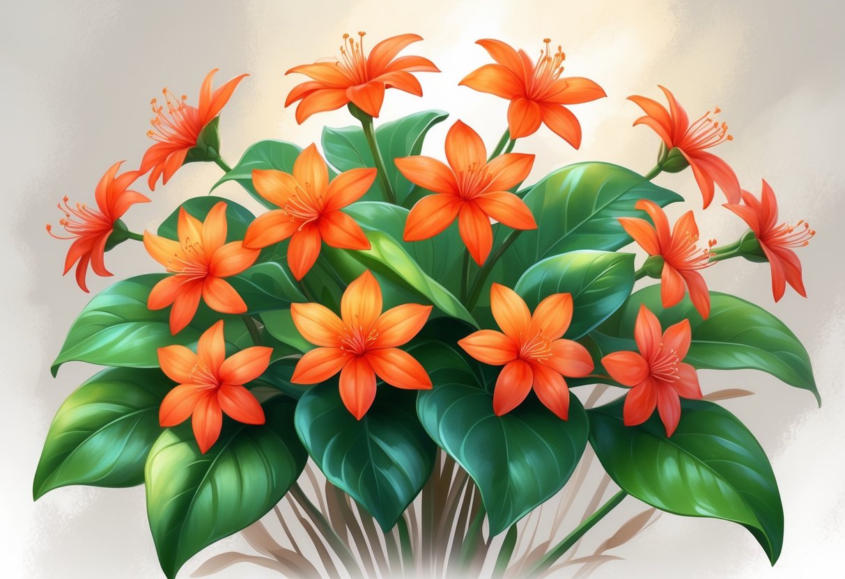A detailed illustration of a cluster of bright red-orange Ixora flowers with green leaves against a soft neutral background.
