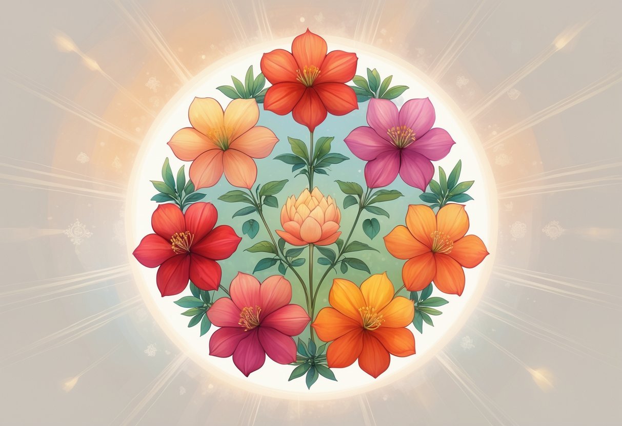 Nine vibrant Ixora flowers arranged together with soft glowing light and subtle spiritual symbols in the background.