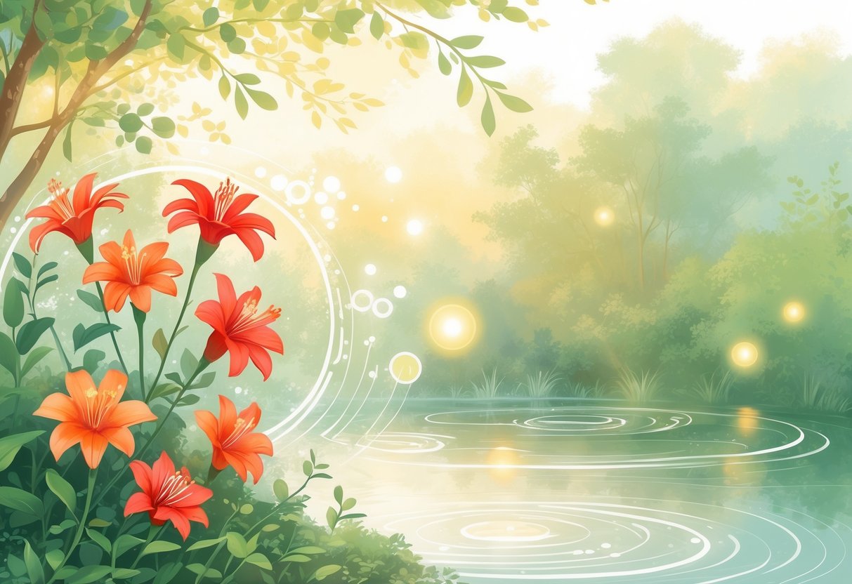 A cluster of red and orange Ixora flowers surrounded by glowing energy waves and soft light in a peaceful natural setting with green leaves and warm sunlight.
