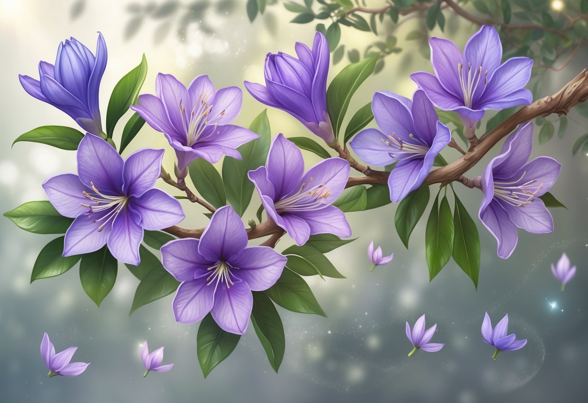 Seven purple jacaranda flowers on branches with green leaves, surrounded by soft glowing light and gentle floating particles.