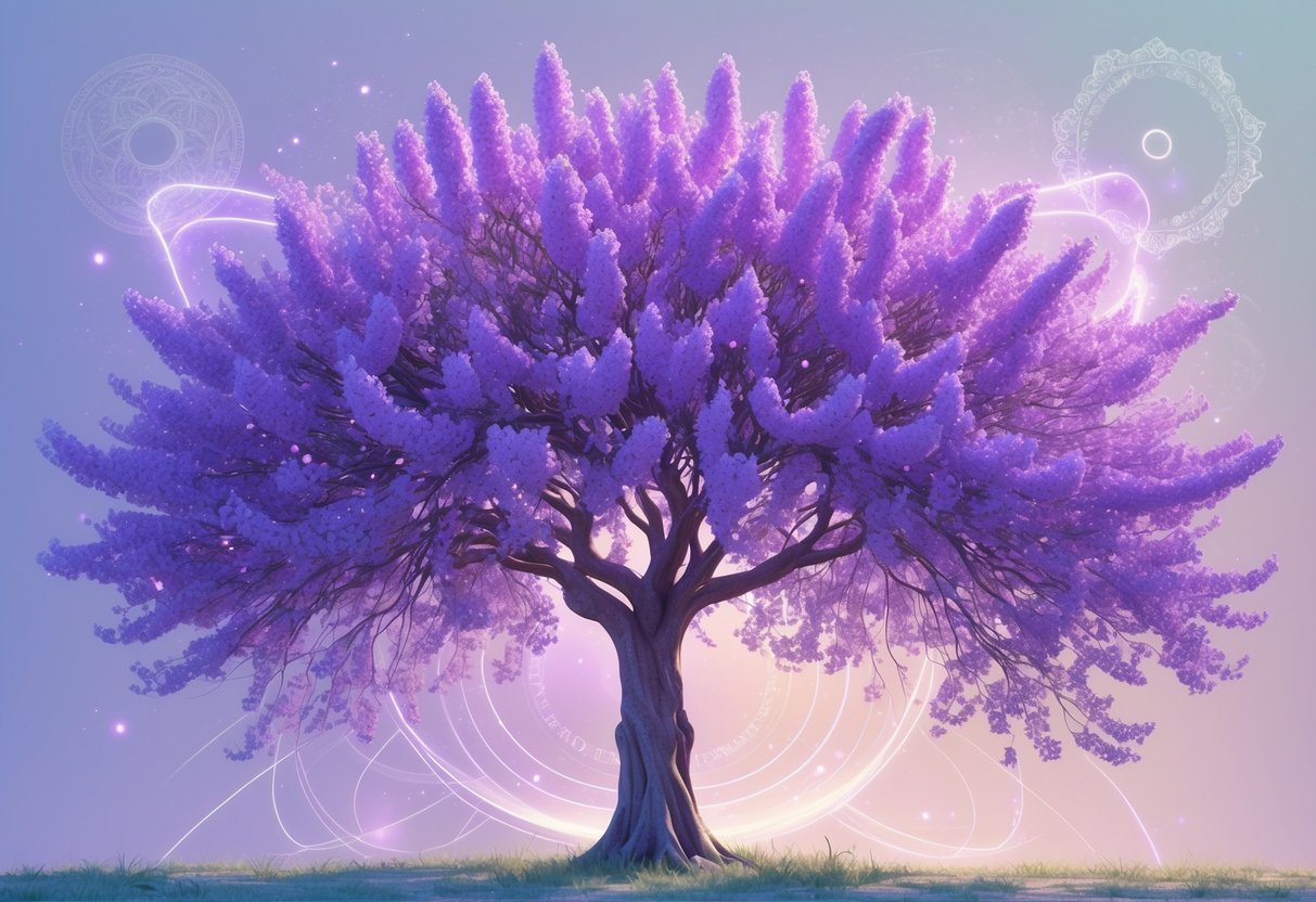 A blooming jacaranda tree with purple flowers surrounded by soft glowing light and subtle spiritual motifs.