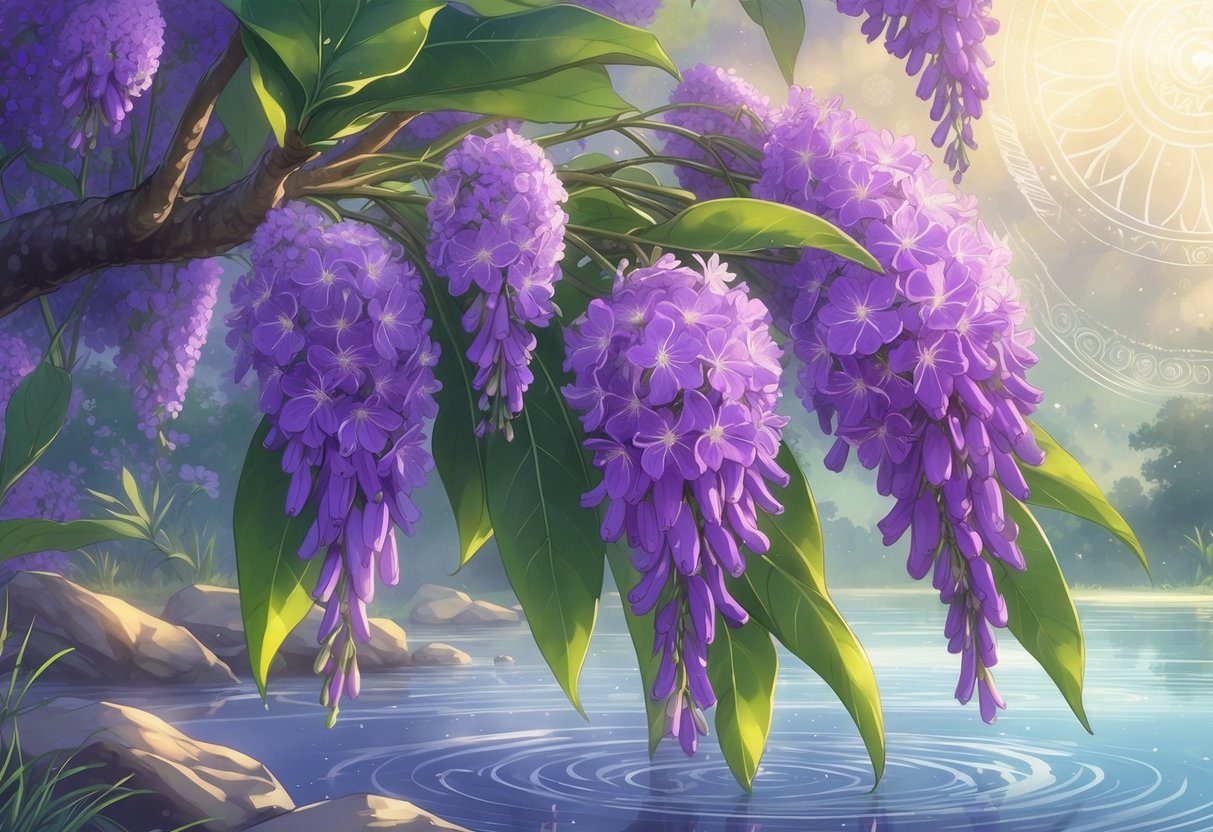 A blooming jacaranda flower with purple blossoms and green leaves surrounded by soft light and subtle spiritual symbols, set against a peaceful natural background.