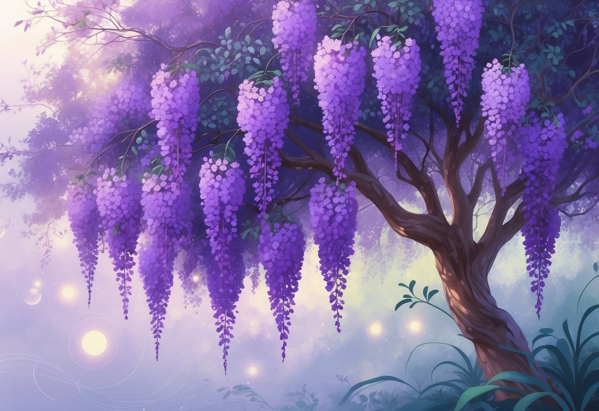 A jacaranda tree covered in vibrant purple flowers with soft light shining through its branches.