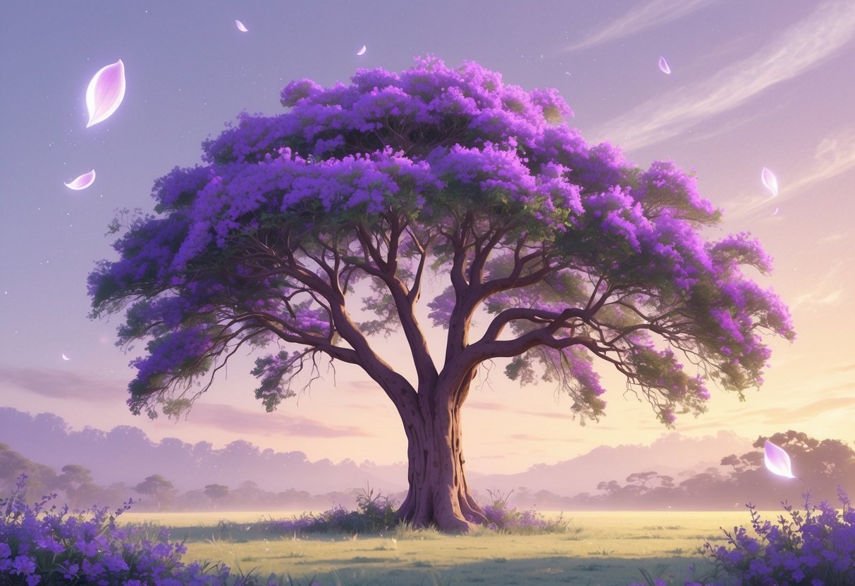 A tall jacaranda tree covered in purple flowers standing in a peaceful natural setting with soft light filtering through its branches.