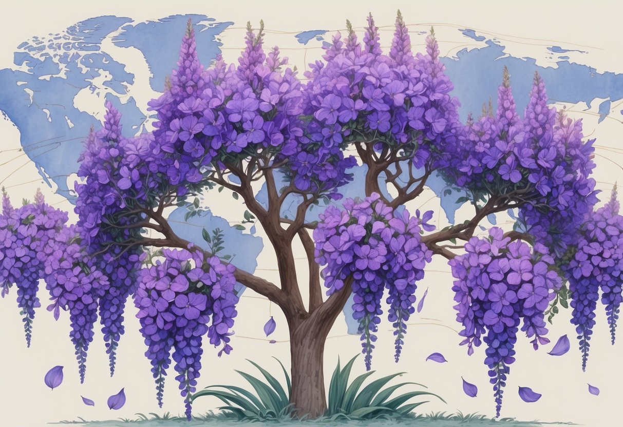 A jacaranda tree with purple-blue flowers and green leaves, set against a faint world map background with subtle markers, surrounded by glowing light effects symbolizing spiritual meanings.