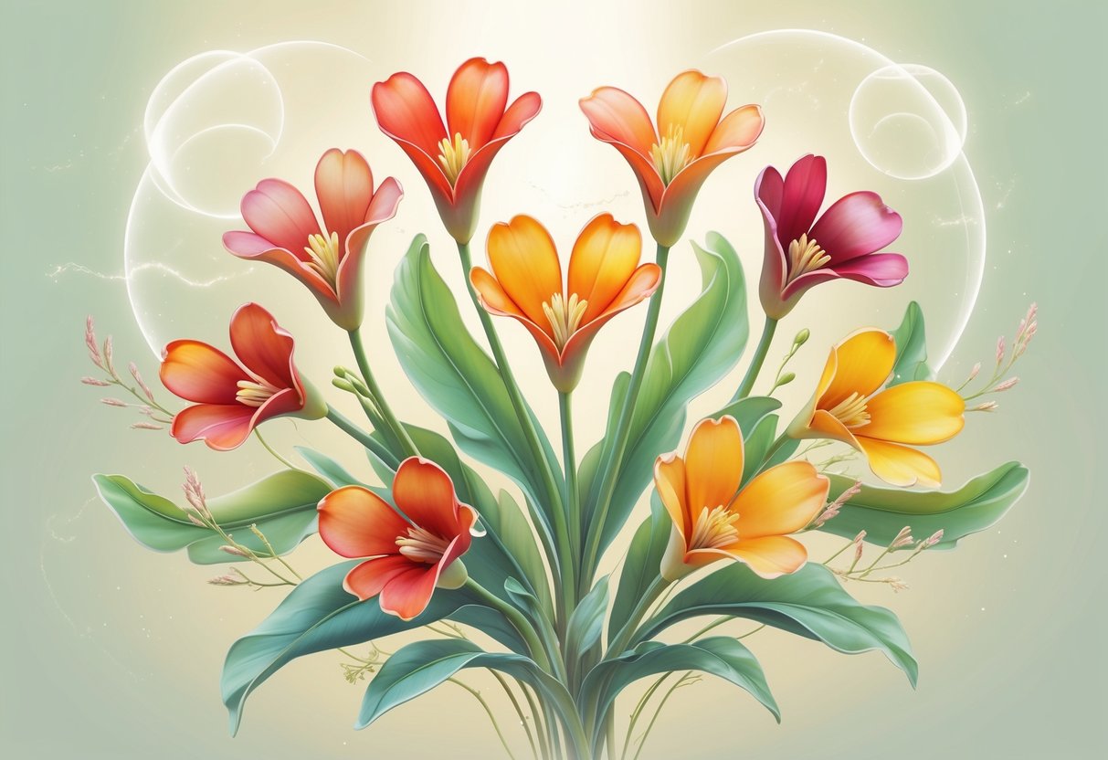 Eight colorful Kangaroo Paw flowers arranged in a circle with soft glowing light and floating orbs around them.