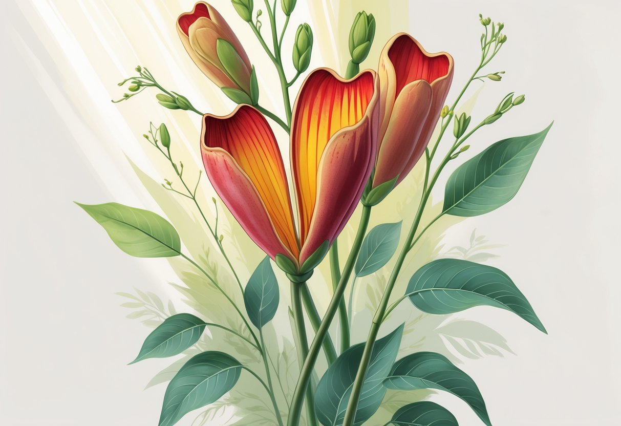 A detailed illustration of a Kangaroo Paw flower with red and yellow tubular petals and green leaves on slender stems.