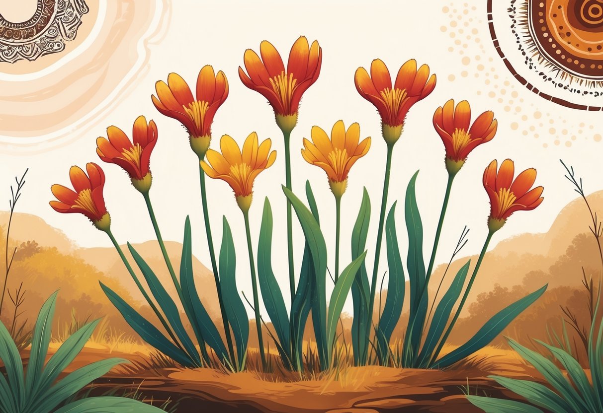 Eight colorful Kangaroo Paw flowers growing together with a natural background and subtle Indigenous cultural symbols.