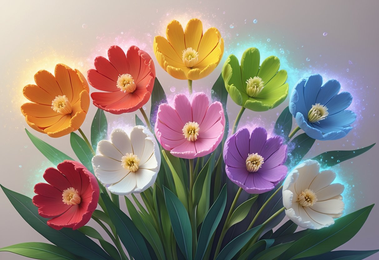 Eight colorful Kangaroo Paw flowers in different colors arranged together with soft glowing light around each, set against a gentle neutral background.