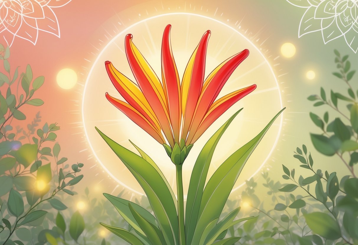 A vibrant Kangaroo Paw flower surrounded by soft glowing orbs and subtle spiritual symbols in a serene natural setting.