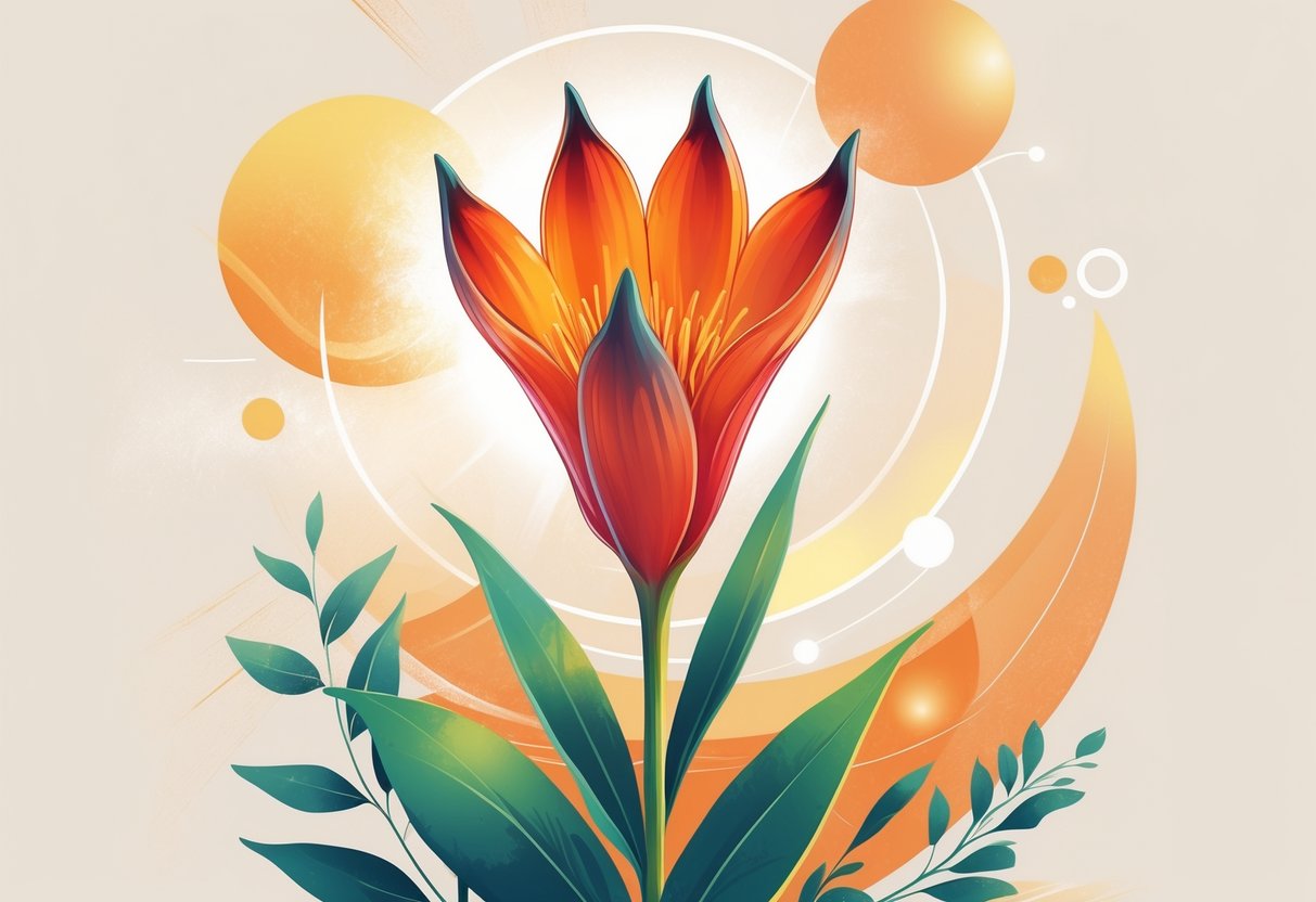 A vibrant Kangaroo Paw flower with claw-shaped petals surrounded by glowing orbs and abstract shapes symbolizing spirituality and modern life.