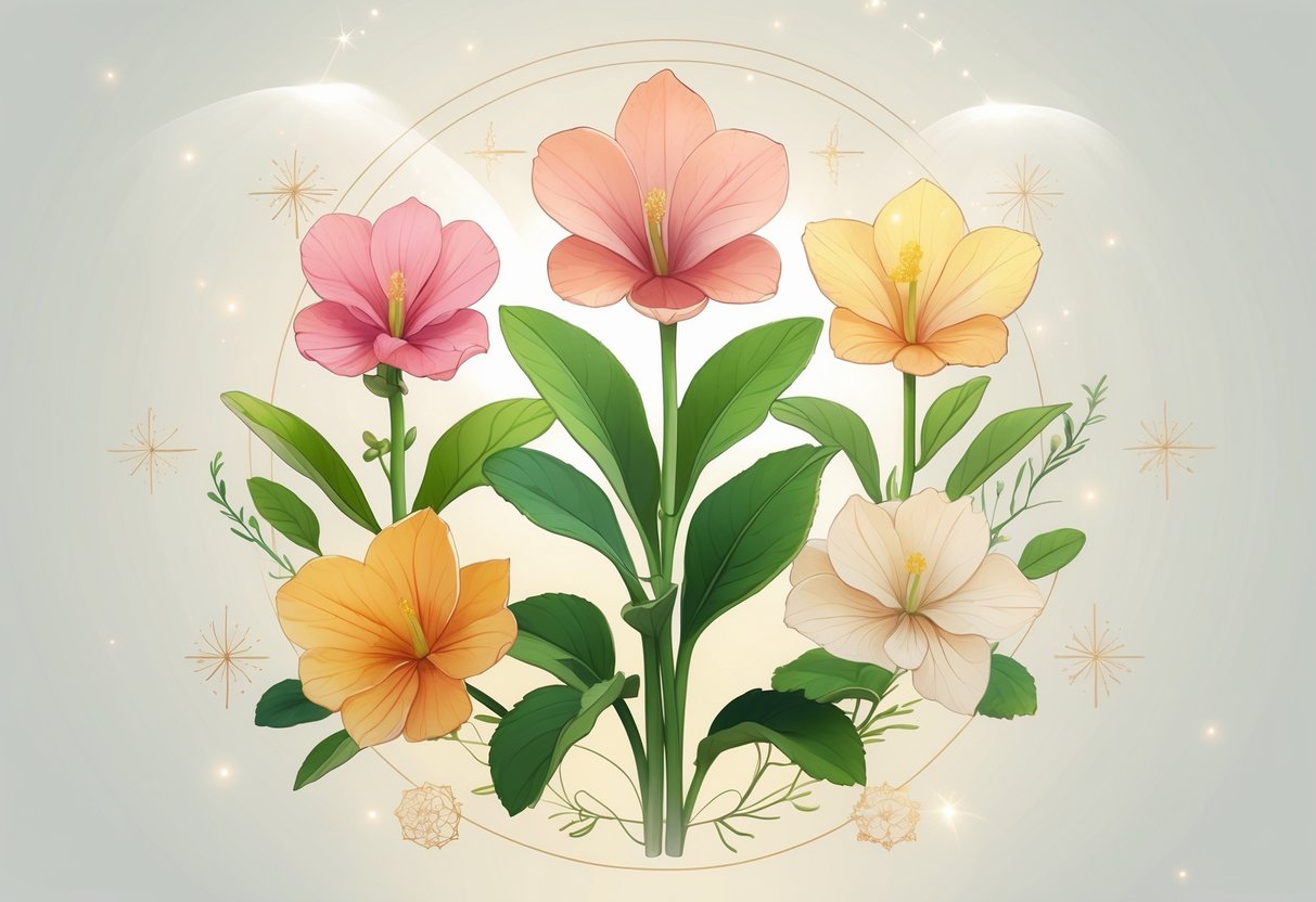 Six colorful Kalanchoe flowers arranged together with soft glowing light and spiritual symbols around them.