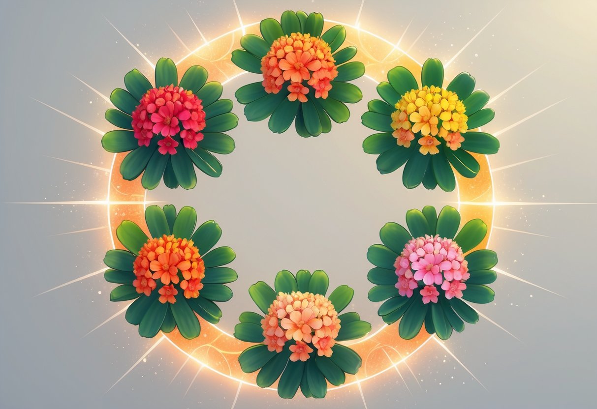 Six colorful Kalanchoe flowers arranged in a circle with glowing auras around them on a soft background.