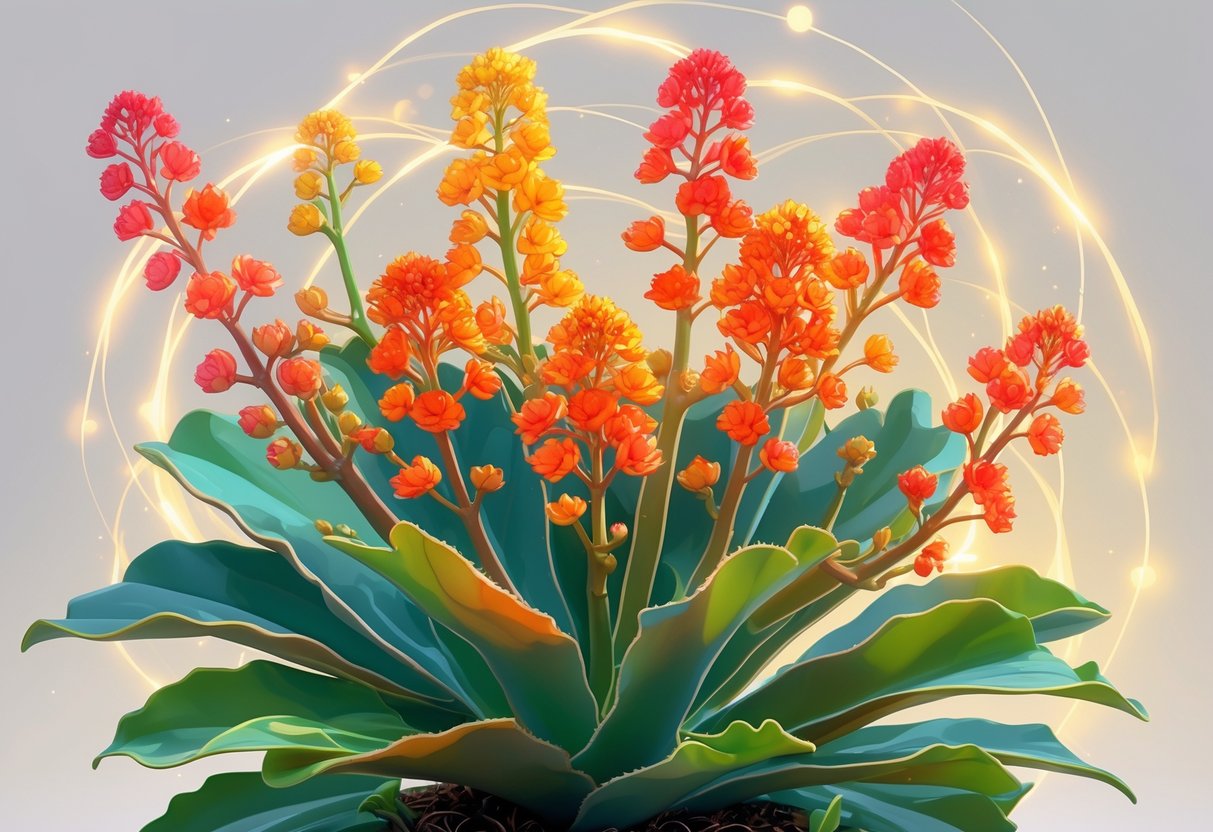 A detailed illustration of a Kalanchoe plant with clusters of colorful flowers and green leaves, surrounded by soft glowing light.