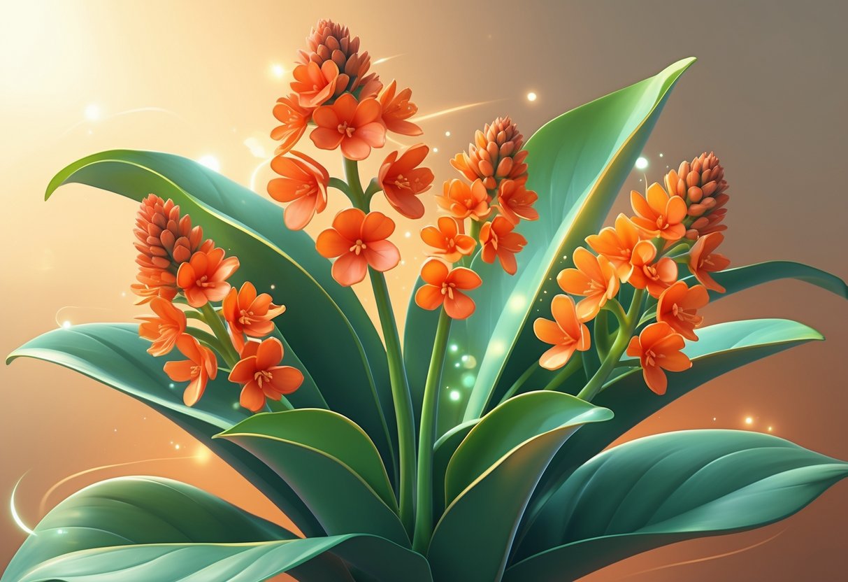 Close-up of bright orange and red Kalanchoe flowers with green leaves glowing softly against a warm background.