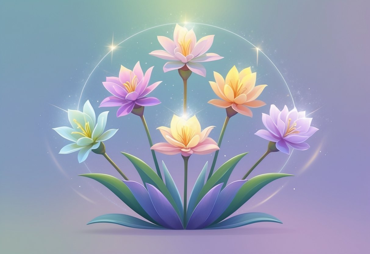 Six glowing Kalanchoe flowers arranged in an arc with soft light and a calming pastel background.