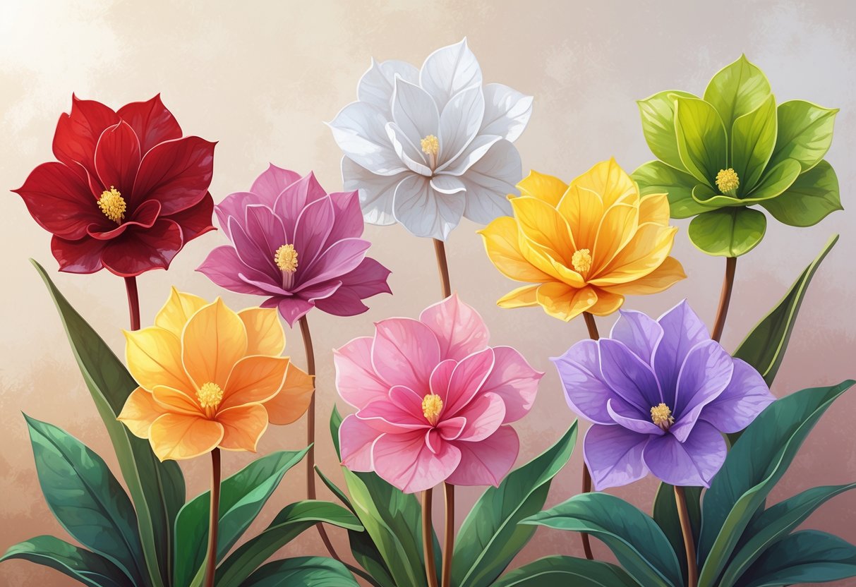 Six colorful Kalanchoe flowers arranged together, each in a different vibrant color representing spiritual meanings.