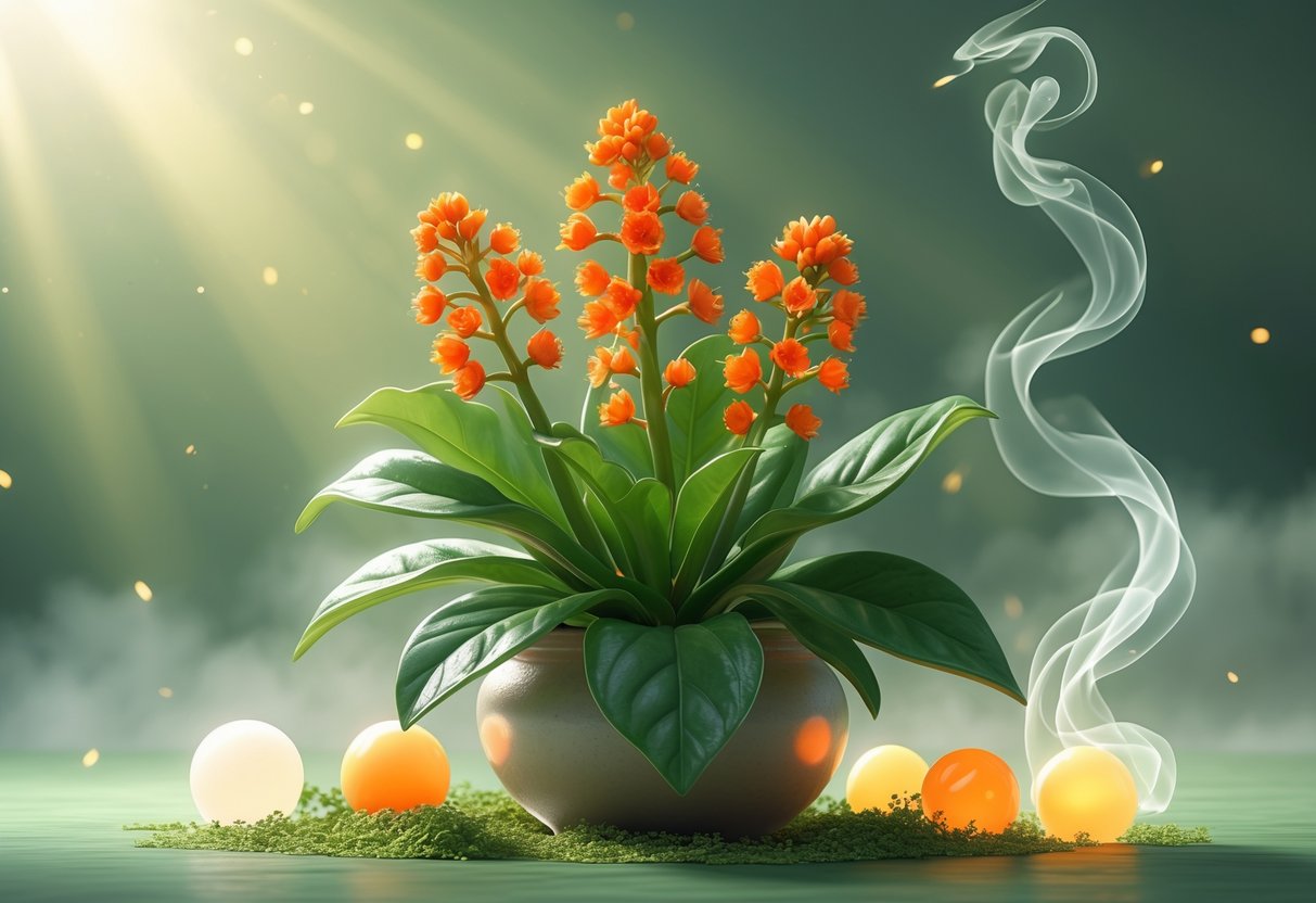 A vibrant Kalanchoe flower with green leaves surrounded by glowing light orbs and soft rays of sunlight in a peaceful, spiritual setting.