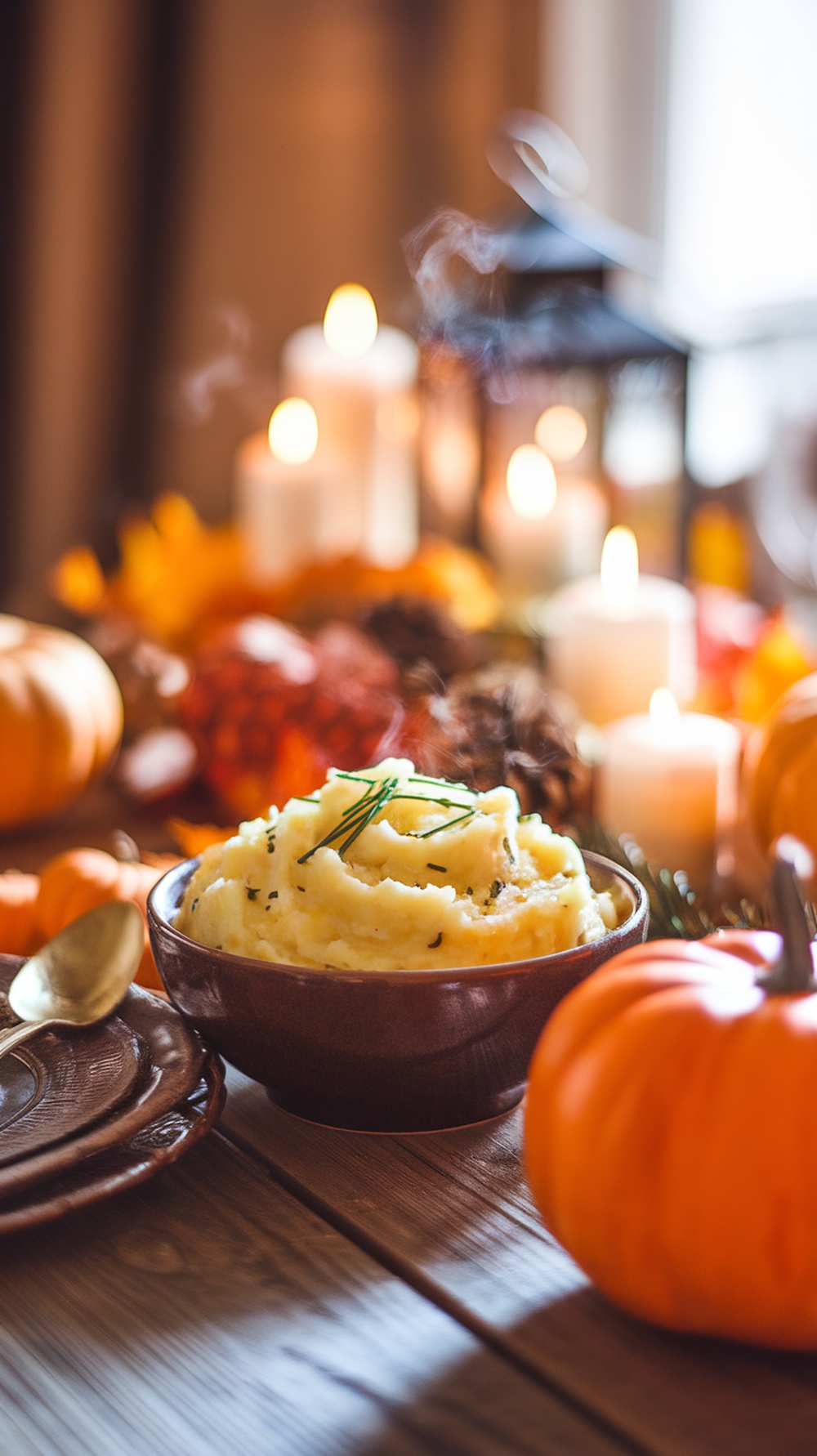 A bowl of creamy garlic mashed potatoes topped with chives, surrounded by autumn decorations.