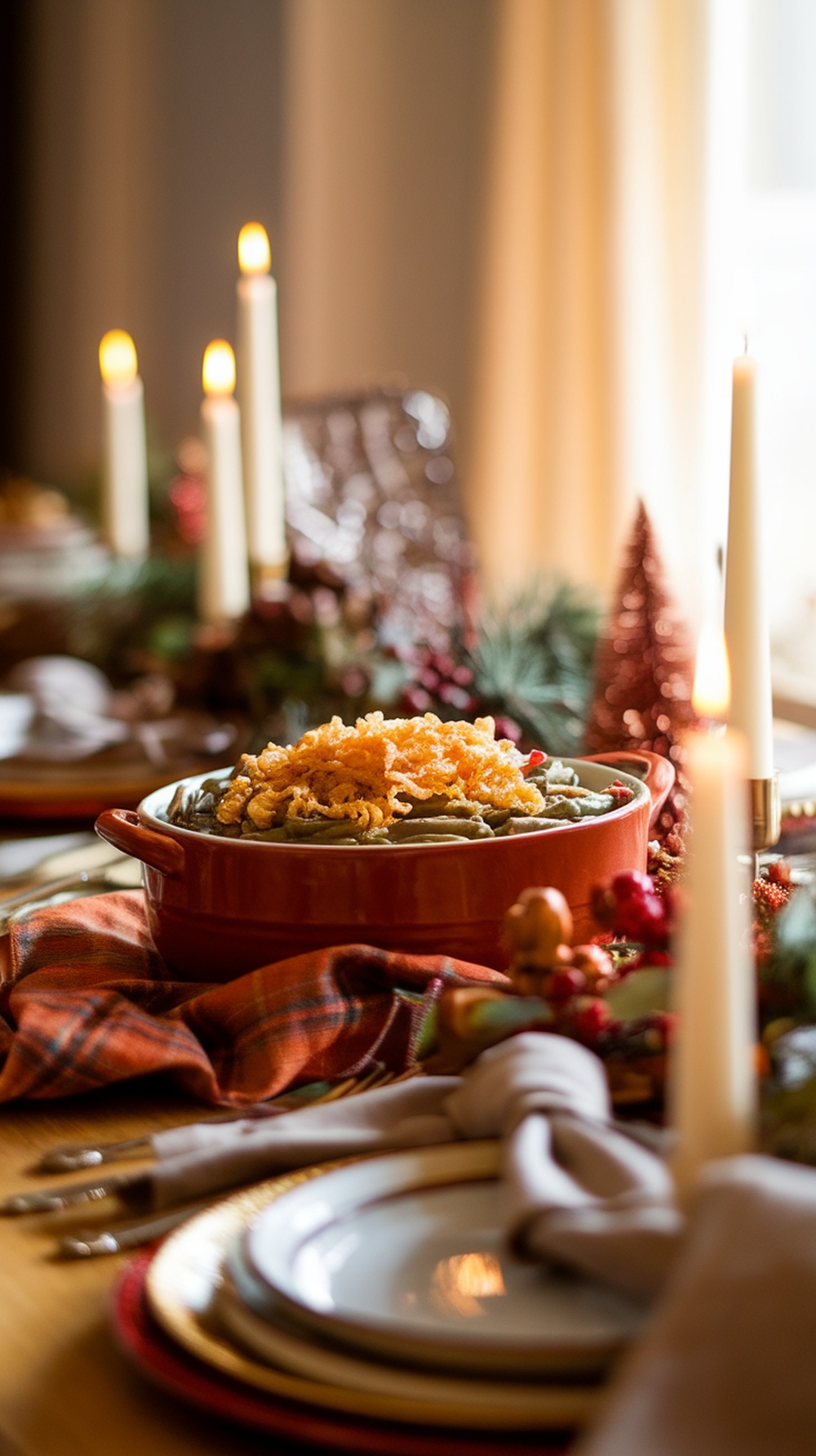 A festive table setting featuring green bean casserole topped with crispy onions