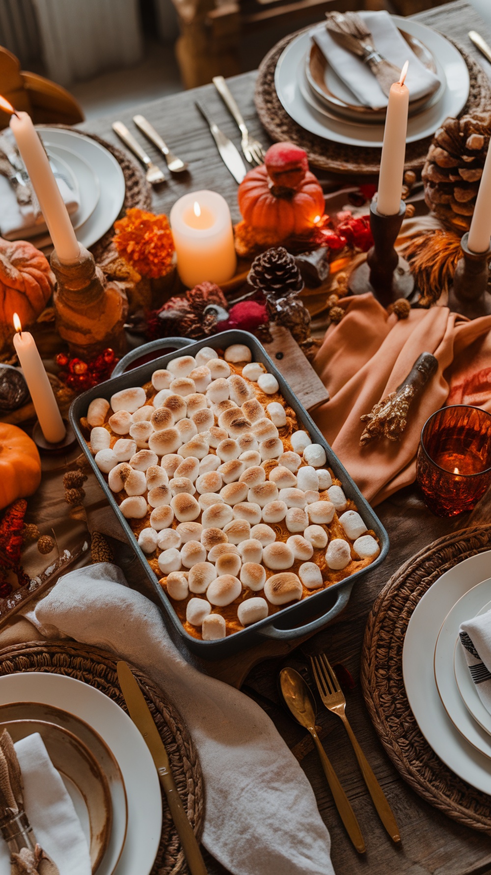 A beautifully arranged Thanksgiving table featuring sweet potato casserole topped with marshmallows, surrounded by decorative elements like pumpkins and candles.
