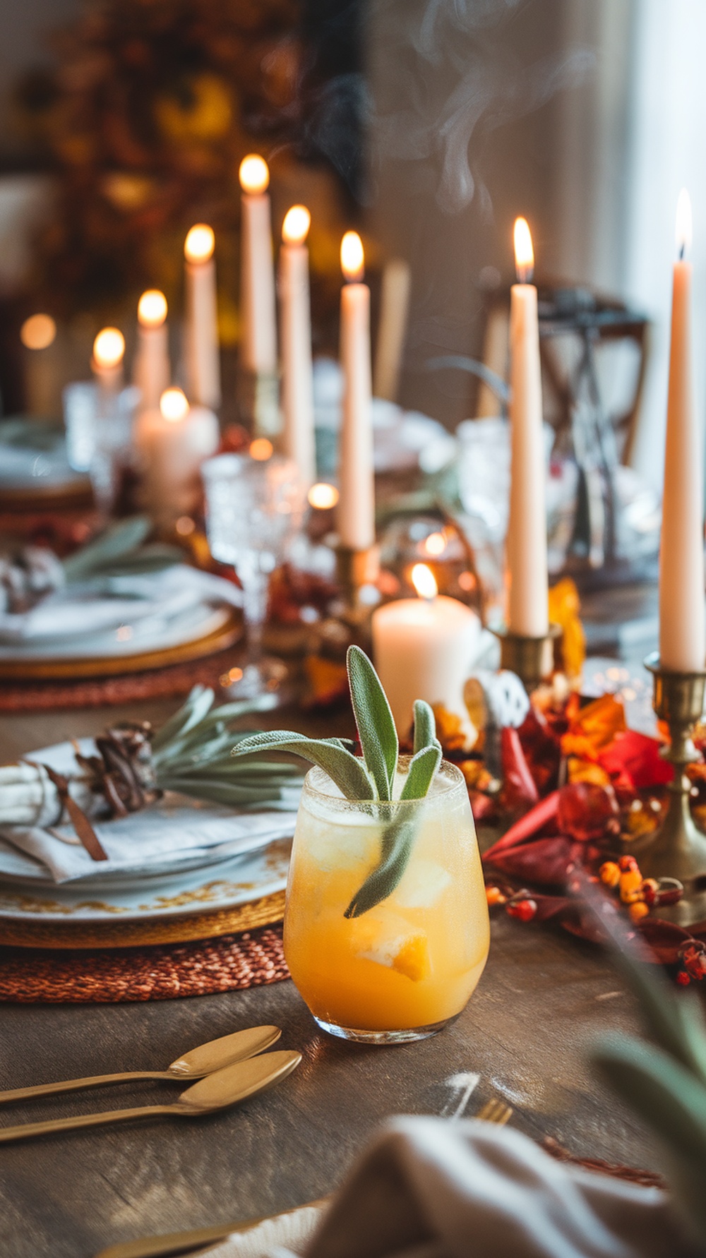 A refreshing Pineapple Sage Spritzer served in a glass, surrounded by a beautifully set Thanksgiving table with candles and autumn decorations.