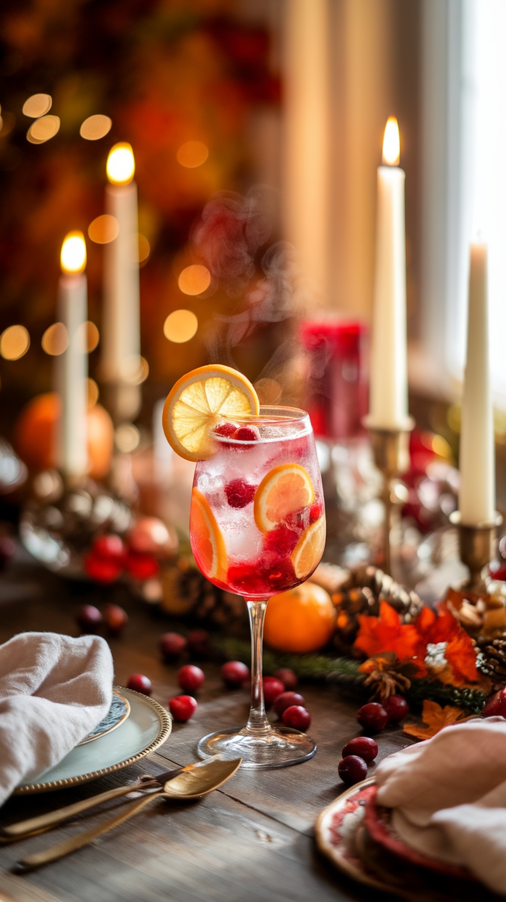 A festive cranberry citrus drink with slices of orange and lemon, garnished with fresh cranberries, set on a beautifully decorated Thanksgiving table.