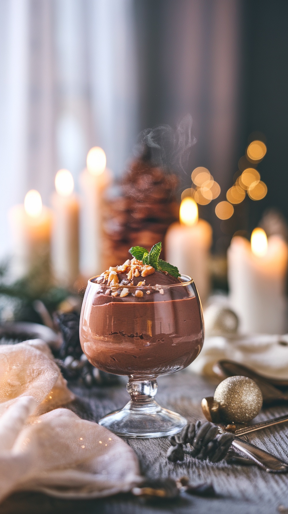A glass of chocolate hazelnut mousse garnished with nuts and mint, surrounded by candles and festive decor.