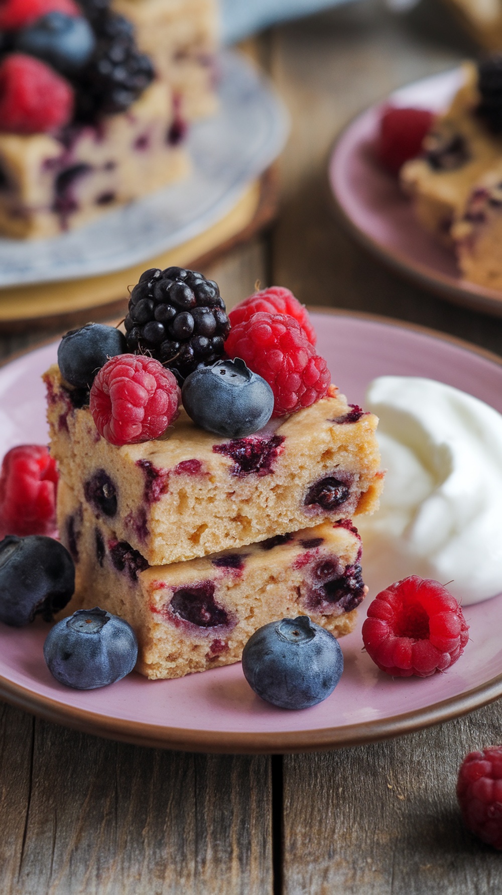 Berry Bliss Protein Squares topped with mixed berries and Greek yogurt on a rustic wooden table.