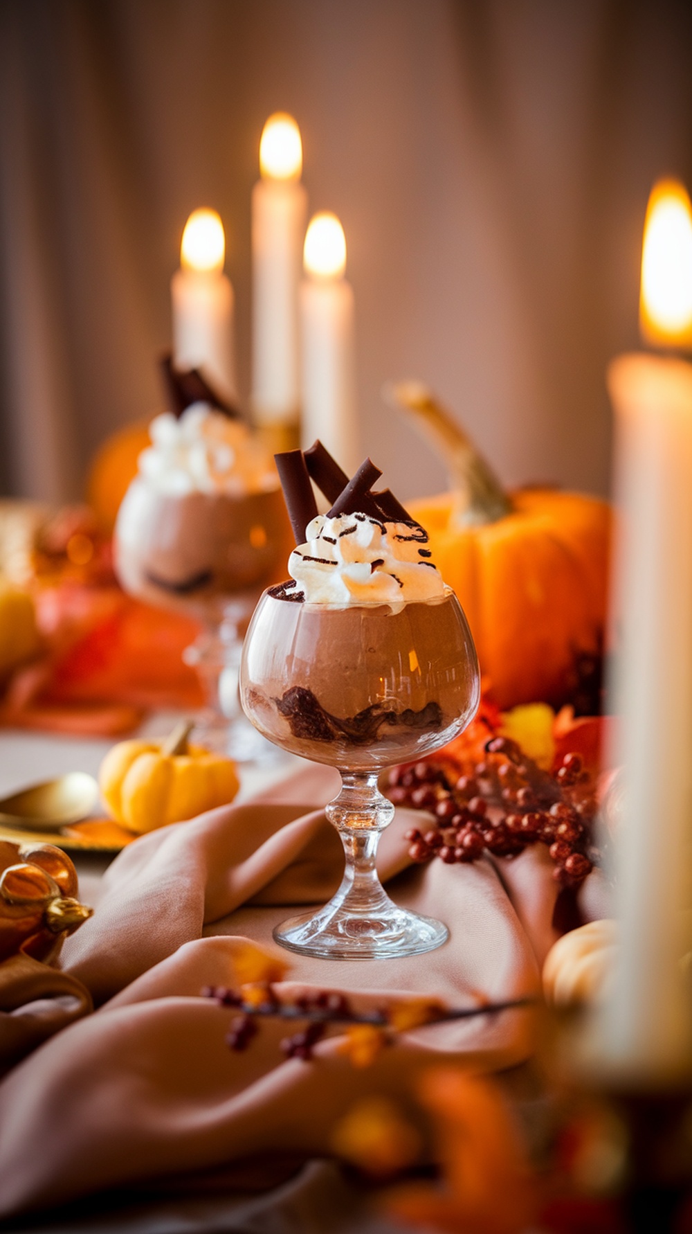 Chocolate pumpkin mousse served in elegant glasses, topped with whipped cream and chocolate shavings, surrounded by autumn decorations.