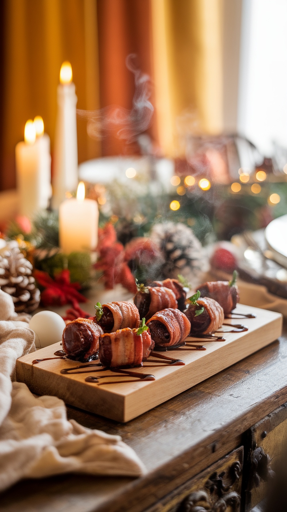 Maple glazed bacon-wrapped dates arranged on a wooden platter with festive decorations
