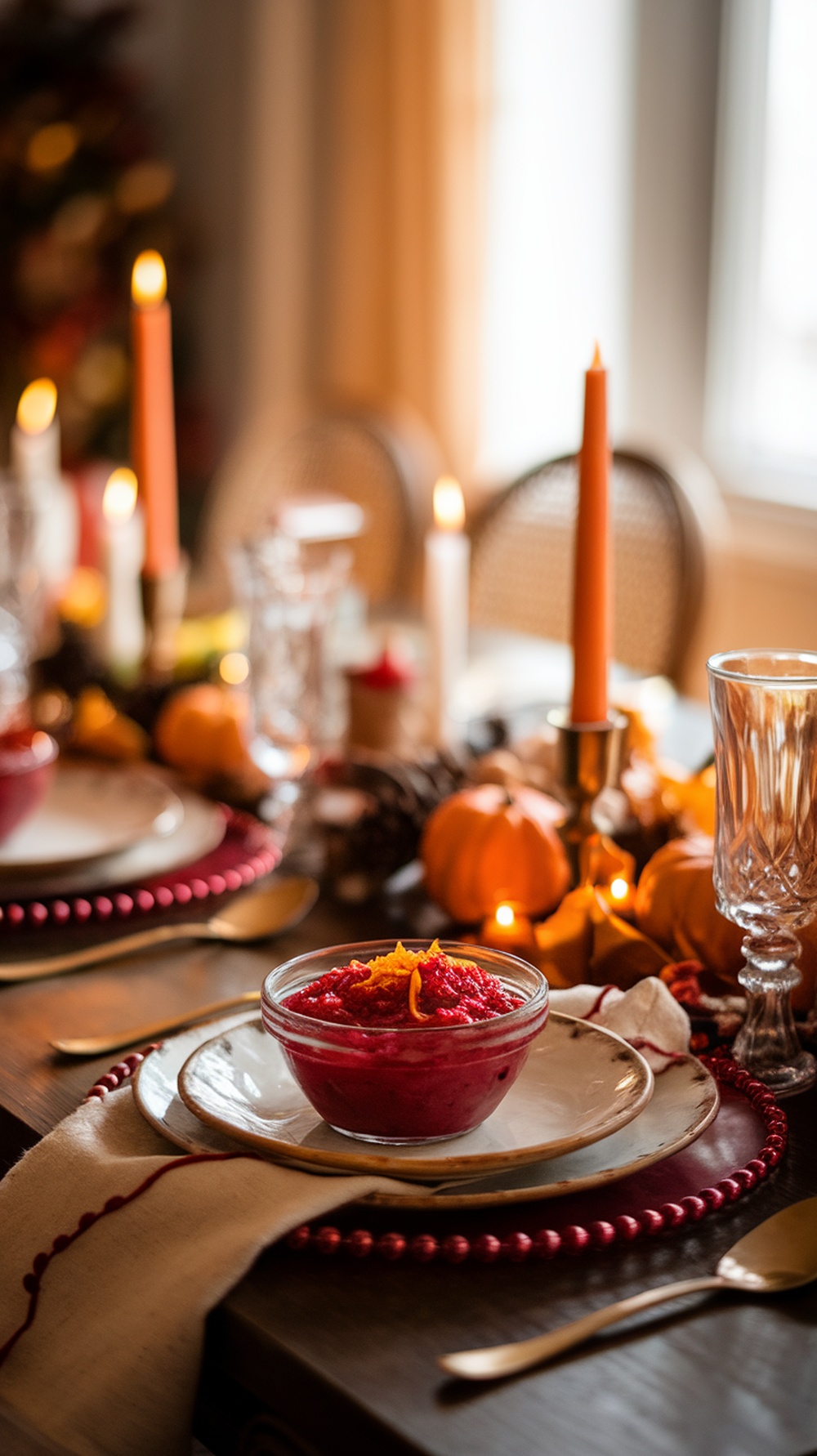 A bowl of cranberry sauce with orange zest on a beautifully set Thanksgiving table.