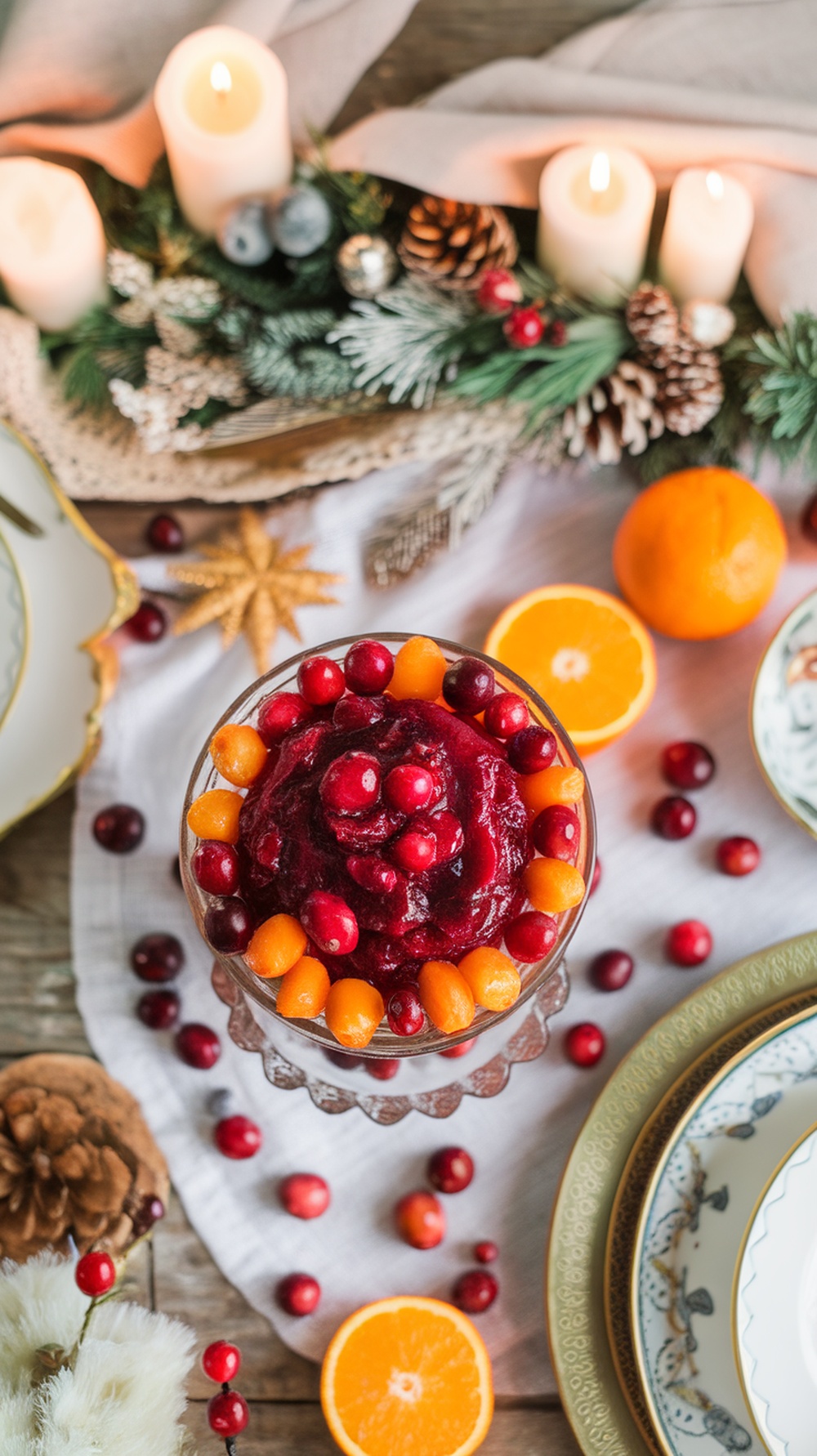 A festive cranberry orange relish served in a glass bowl, surrounded by oranges and decorative elements.