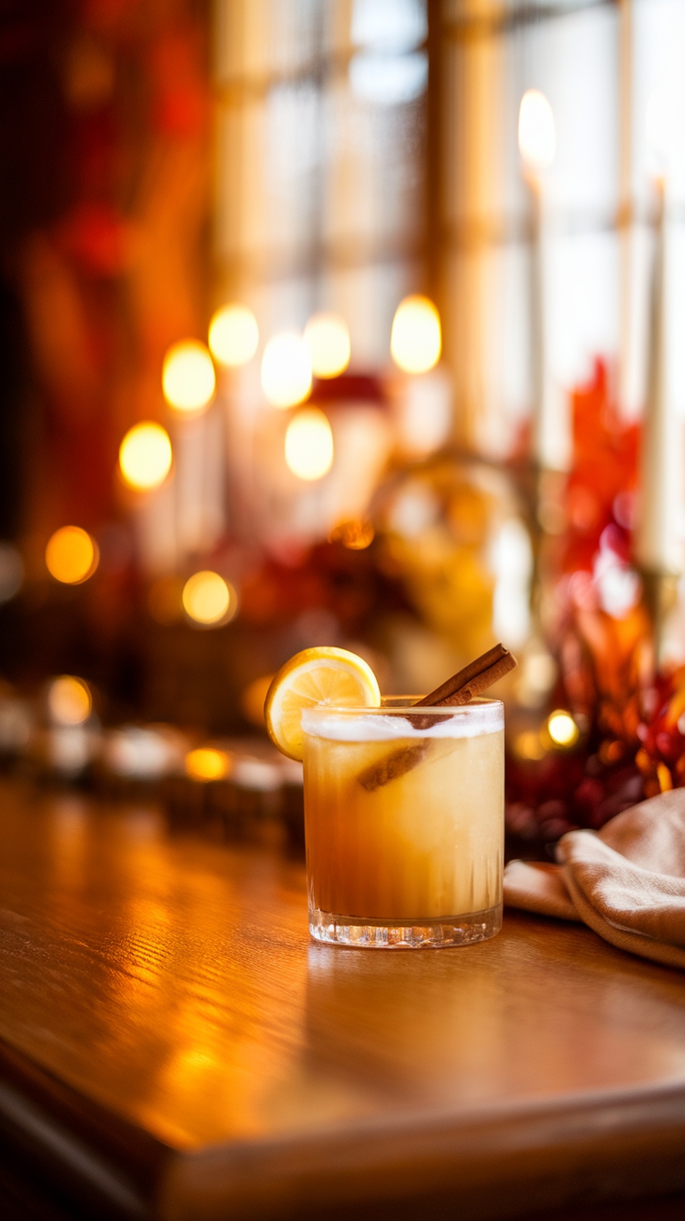 A Maple Whiskey Sour cocktail garnished with a lemon slice and cinnamon stick, set against a cozy autumn background.