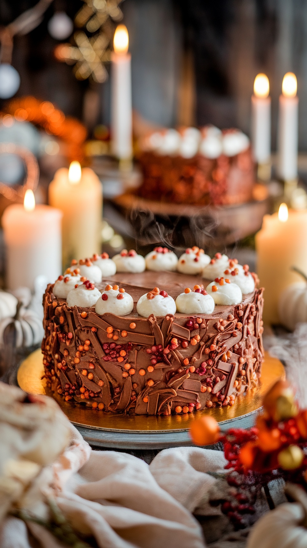 A beautifully decorated chocolate pumpkin cake with whipped cream and colorful sprinkles, set against a cozy autumn backdrop.