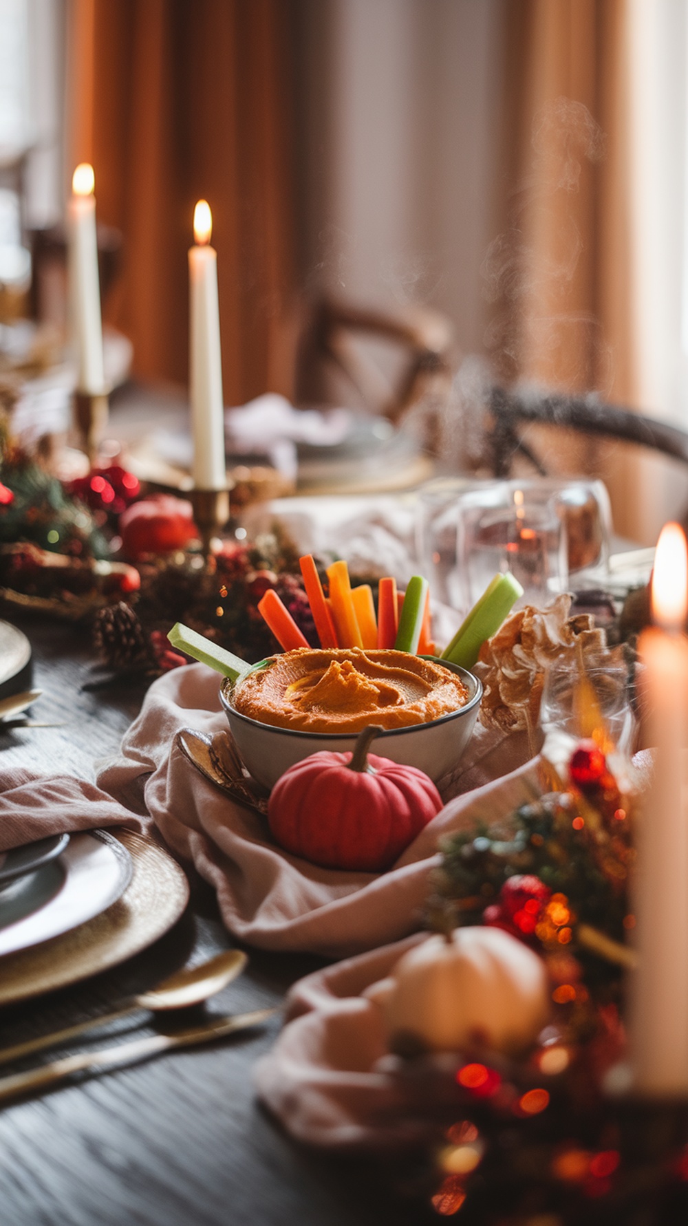 A bowl of pumpkin hummus surrounded by colorful veggie dippers on a festive Thanksgiving table.