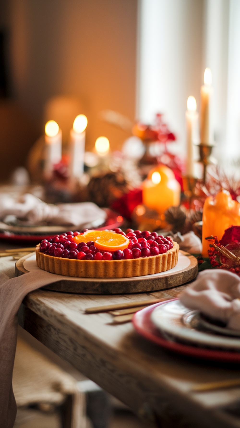 A beautifully arranged cranberry orange tart on a rustic wooden table, surrounded by festive decorations and candles.