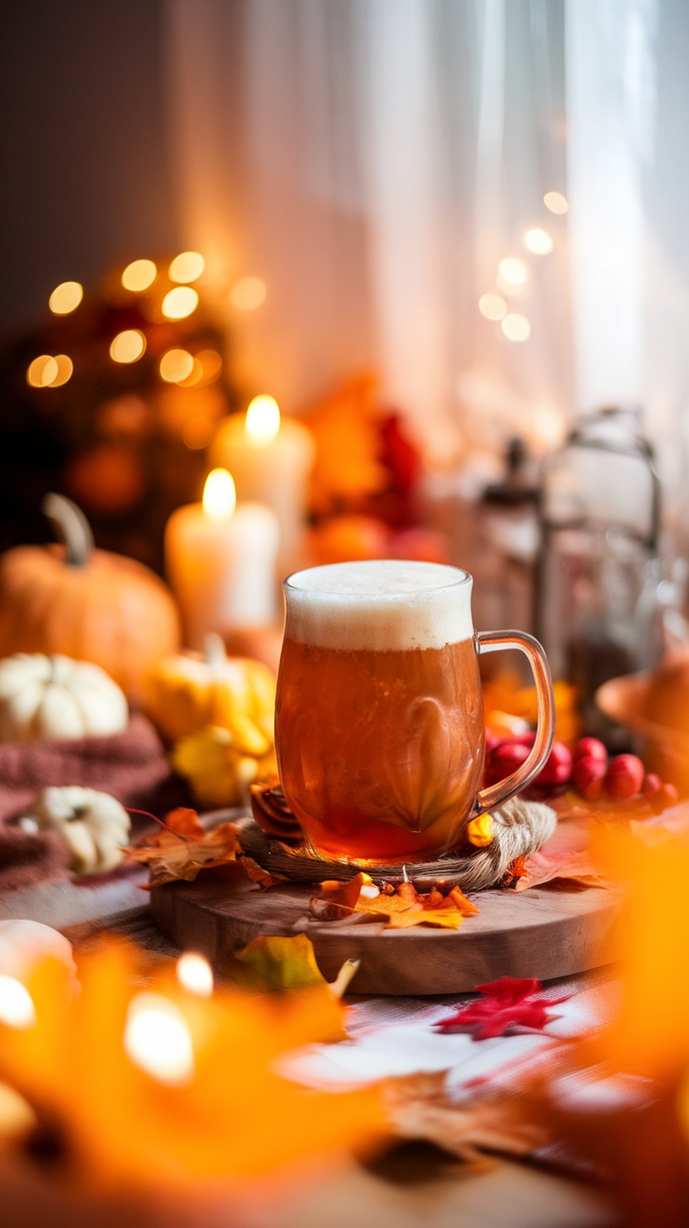 A glass of spiced pumpkin ale surrounded by autumn decorations