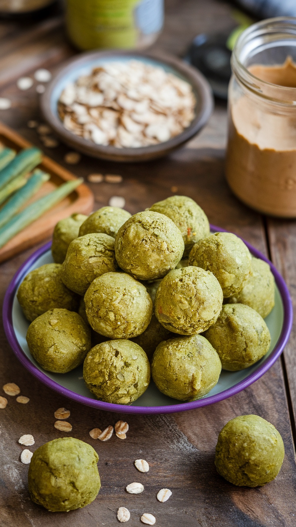 Matcha green tea protein energy bites on a plate with oats and almond butter in the background.
