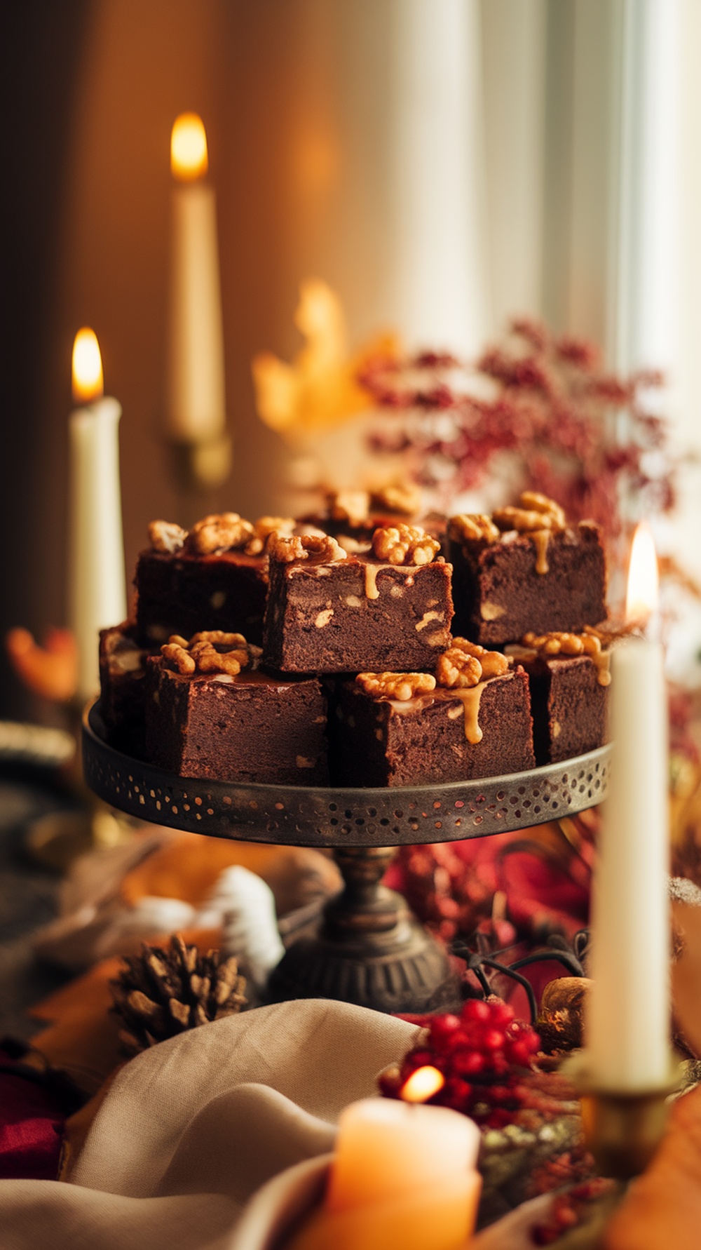 Delicious maple walnut brownies on a decorative stand, perfect for Thanksgiving.