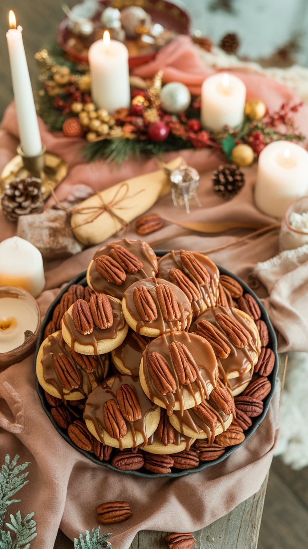 A plate of pecan pie cookies topped with caramel and whole pecans, surrounded by festive decorations.