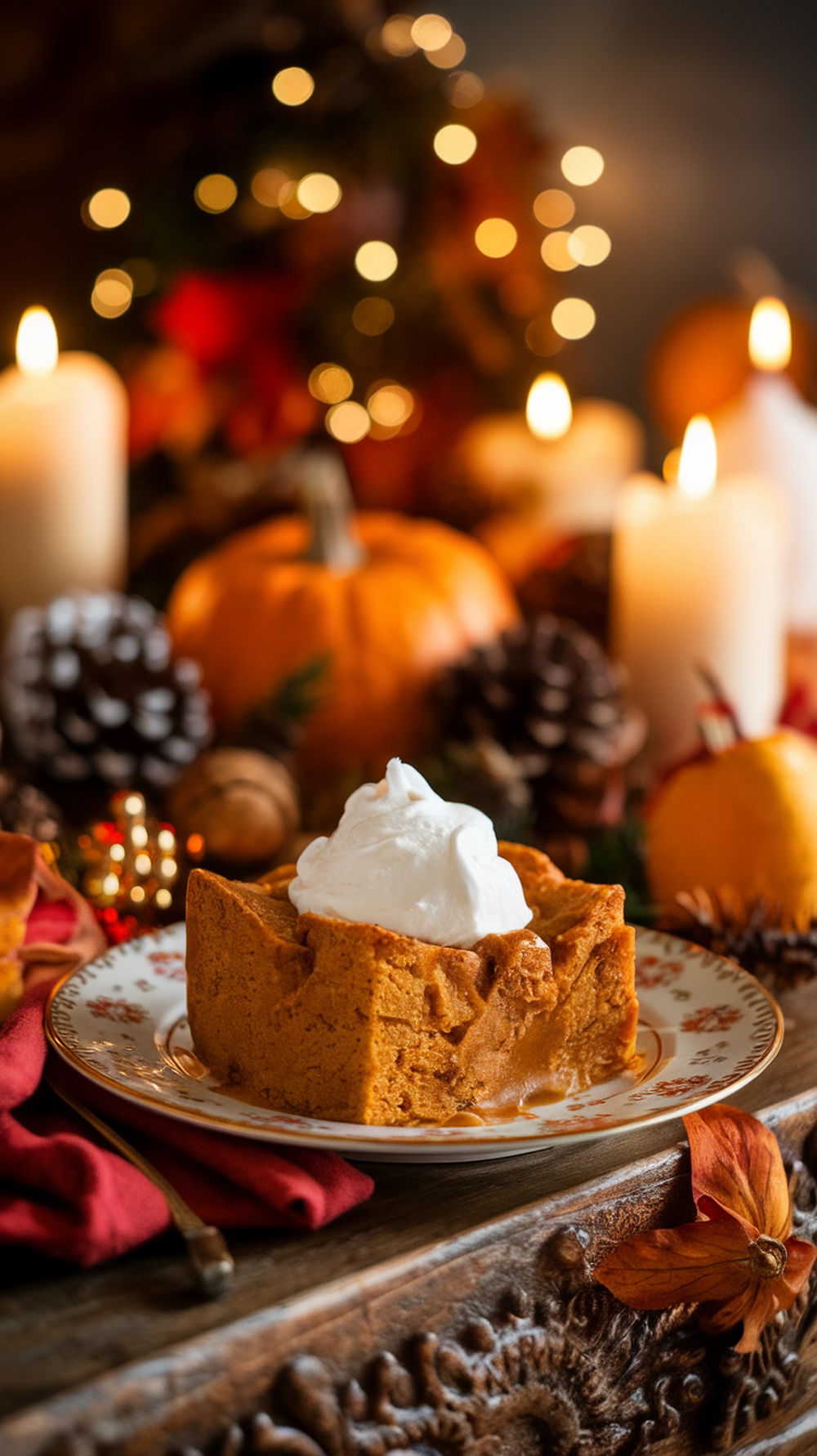 A slice of pumpkin bread pudding topped with whipped cream, surrounded by autumn decorations.