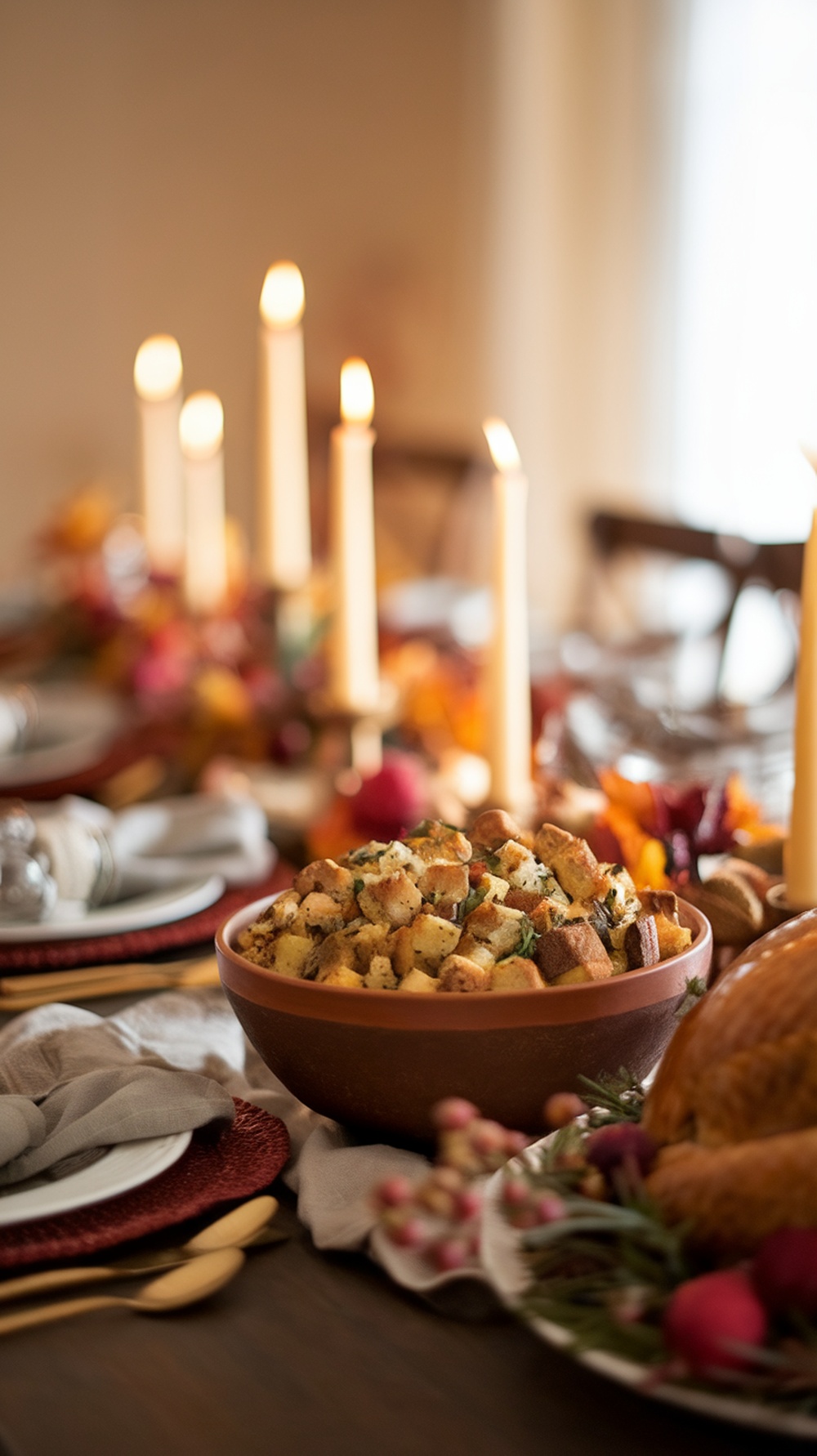 A bowl of savory stuffing with sage on a beautifully set Thanksgiving table.