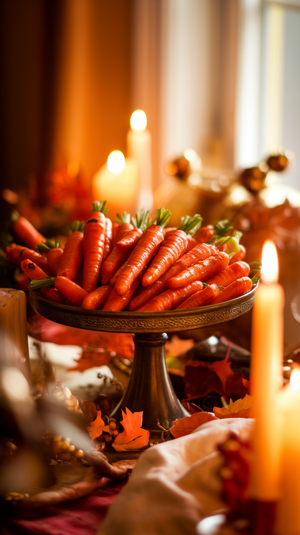 A plate of honey glazed carrots on a festive Thanksgiving table.
